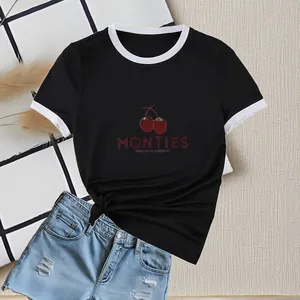 T-shirt noir pour femme avec imprimé cerise et bordures contrastées blanches