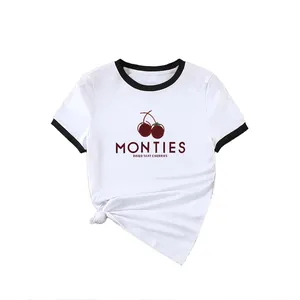 T-shirt Ringer à manches courtes avec imprimé cerise et col contrasté femme