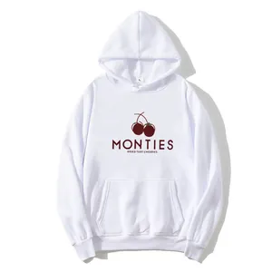 Women's Cherry Print Hooded Sweatshirt Monties Letter Fleece Lined Thickened Pullover Loose Kangaroo Pocket Hoodie Top