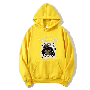 Sweat à capuche jaune avec imprimé dessin animé et poche kangourou coupe large