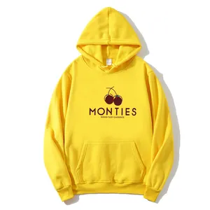 Oversized bright yellow hoodie with cherry print and kangaroo pocket for women