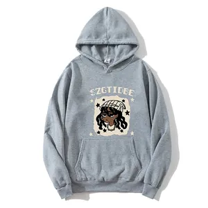 Sweat à capuche gris surdimensionné avec imprimé dessin animé et poche kangourou