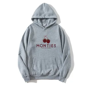 Gray oversized cherry print hoodie with drawstring hood and front pocket for women