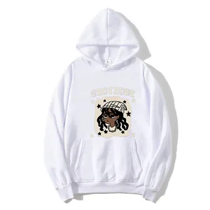 Détail du sweat à capuche blanc Y2K avec imprimé fille cartoon et poche kangourou
