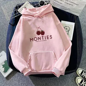 Pink cherry printed hoodie with kangaroo pocket and drawstring on navy background