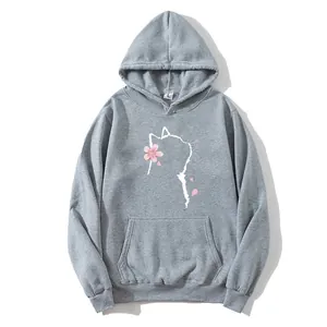Gray oversized hooded sweatshirt with a white cat outline and pink cherry blossom print