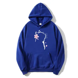 Dark blue oversized hoodie with a white cat and pink cherry blossoms print design