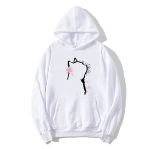Detail of white hoodie featuring a minimalist black cat outline and pink cherry blossom petals