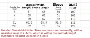 Detailed size chart for retro gothic Y2K cartoon hoodie including S to 2XL measurements