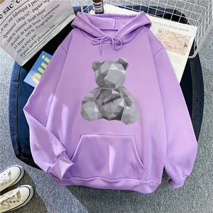 Oversized purple fleece hoodie with 3D bear graphic and front pocket for women