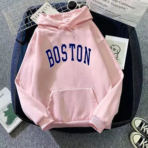 Women's Casual Hooded Sweatshirt American Vintage Boston Letter Print Oversized Hoodie With Kangaroo Pocket Thickened Top