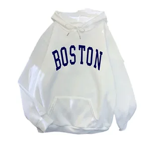 Oversized white hoodie for women featuring a blue Boston college-style graphic print