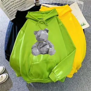Detail of colorful hoodies with geometric bear print and adjustable drawstrings