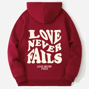 Fleece lined oversized hoodie in deep red with Love Never Fails back print for women