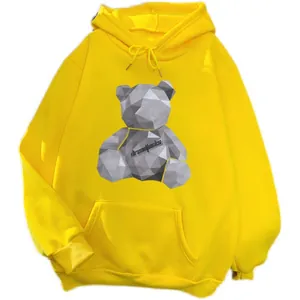 Yellow fleece-lined hoodie with kangaroo pocket and a geometric origami bear graphic