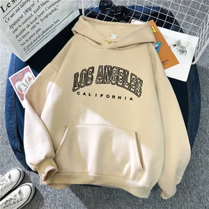 Women's Casual Fleece Hoodie Loose Long Sleeve Sweatshirt With Los Angeles Letter Print Hooded Pocket Outwear