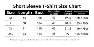 Size chart for summer sports short sleeve t-shirt including length and bust measurements
