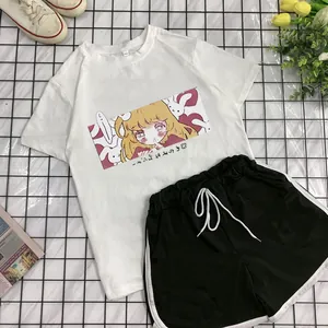 Women Anime Girl Print Short Sleeve Top And Shorts Suit Summer Casual Sports Lounge Wear Polyester Comfortable Breathable