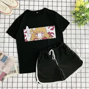 Women's black summer sports set with anime print tee and drawstring dolphin shorts