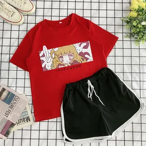 Summer red short sleeve T-shirt with anime print and black athletic shorts set