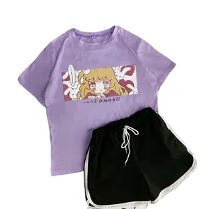 Women's summer two-piece sportswear set with anime print tee and black shorts