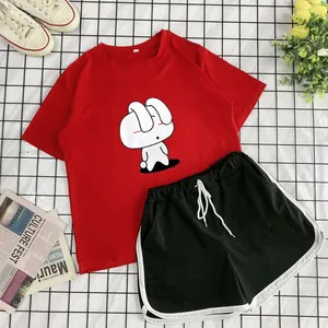 Women's summer two-piece casual set with red rabbit print T-shirt and black shorts