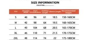 Size information table for the unisex casual short sleeve t-shirt with detailed measurements