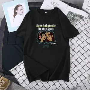 Men's and women's black cotton t-shirt with trendy cartoon character illustration print