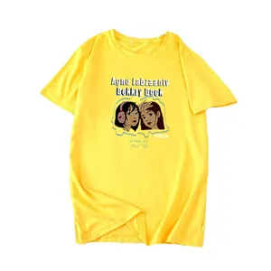 Detail of a bright yellow cotton T-shirt featuring female anime character art and typography