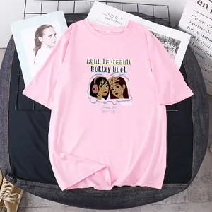 Detail of pink T-shirt featuring cartoon pop art illustration and comfortable crew neck