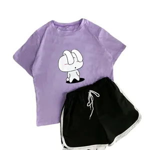 Women's casual two-piece set featuring lavender rabbit print T-shirt and black shorts