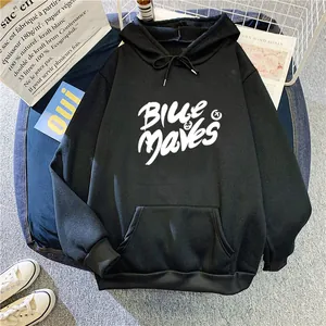 Damen Casual Langarm Hoodie Buchstabendruck BLUE WAVES Lockeres Kapuzensweatshirt Kängurutasche Pullover Fleece Top