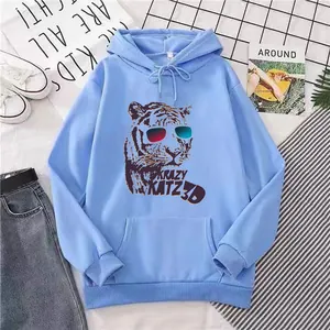 Flat lay of light blue oversized hoodie with Krazy Katz 3D tiger print and kangaroo pocket