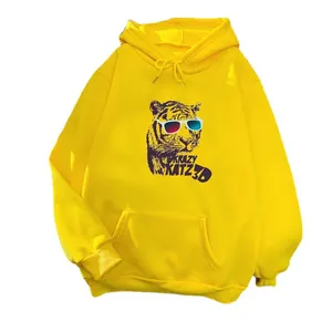 Oversized bright yellow hoodie for women featuring a 3D tiger print and front pocket