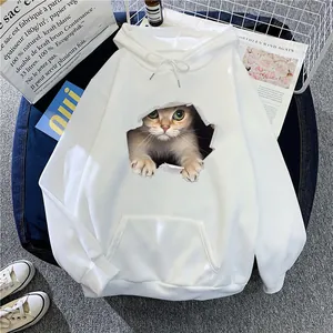 White 3D cat print hoodie with kangaroo pocket and adjustable drawstring for women