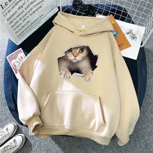 Detailed close-up of a beige 3D cat print hoodie with drawstring and kangaroo pocket