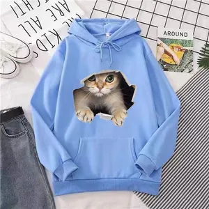 Detail of light blue 3D cat print hoodie with adjustable drawstring and ribbed hem