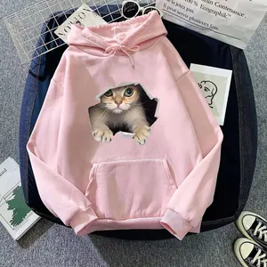 Pink drawstring hoodie with a 3D cat print and front kangaroo pocket on a casual flat-lay