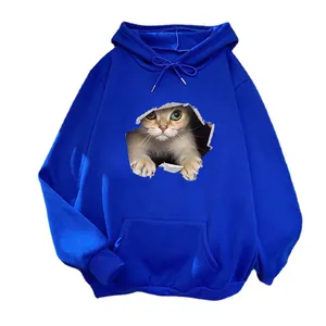 Blue hoodie for women with 3D cat print, drawstring hood and large kangaroo pocket