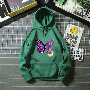 Detail of forest green hoodie featuring artistic half butterfly floral print and front pocket