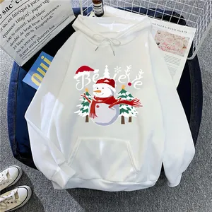 Close-up of white fleece hoodie with festive Christmas snowman and Believe print