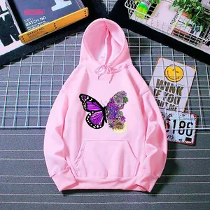 Pink hooded sweatshirt with floral butterfly print and kangaroo pocket laid on mesh
