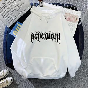 Flat lay of white hoodie with gothic lettering, drawstring hood and kangaroo pocket