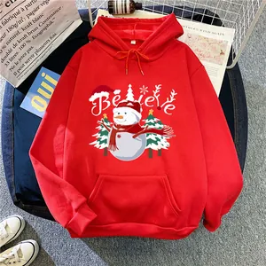 Detail of red Christmas hoodie with snowman print, kangaroo pocket and drawstring hood