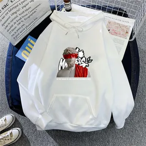 Detail of white oversized hoodie featuring David statue print with graffiti madness text
