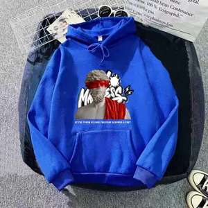 Detail of royal blue hoodie with artistic statue print and street style accessories