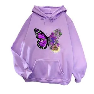 Women's lavender hoodie featuring a creative floral butterfly print and kangaroo pocket