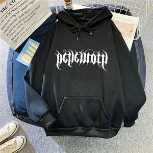 Women's loose black hoodie with gothic white lettering and drawstring hood casual style