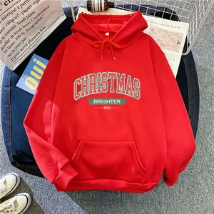 Fleece lined red Christmas hoodie with front kangaroo pocket and festive letter print