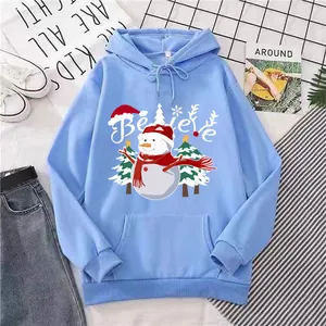 Women Christmas Snowman Believe Print Fleece Hoodie Oversized Kangaroo Pocket Long Sleeve Hooded Sweatshirt Winter Casual Top